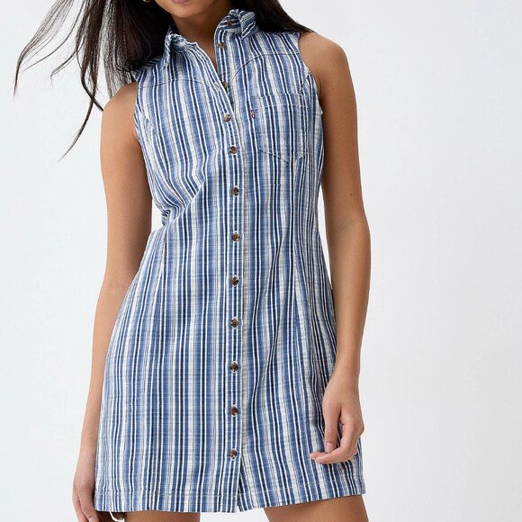 Levi's 100% Cotton Vertical Striped Button Up Sleeveless Dress - Picture 1 of 3